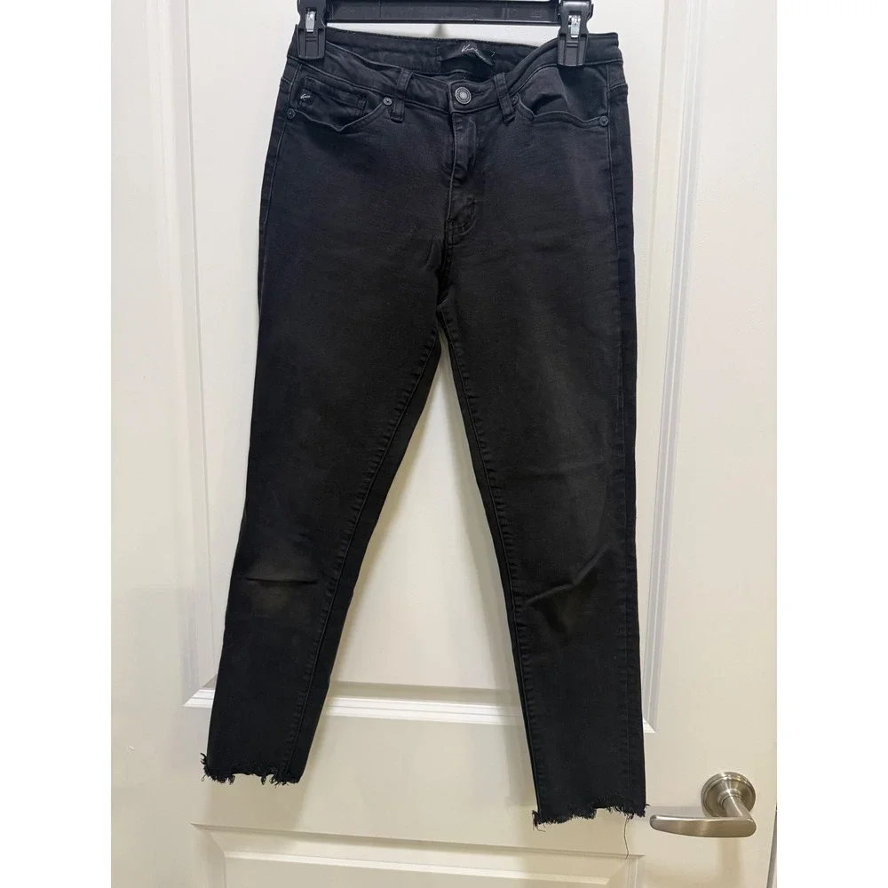 KanCan Black Skinny Jeans Mid Rise Raw Hem Frayed‎ Ankle Faded Denim